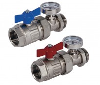 Set valvola a sfera Geberit con termometro - Nichelato, Guarnizione in EPDM, Manopole, rossa e blu, Set di 2 pezzi Set valvola a sfera Geberit con termometro - Nichelato, Guarnizione in EPDM, Manopole, rossa e blu, Set di 2 pezzi